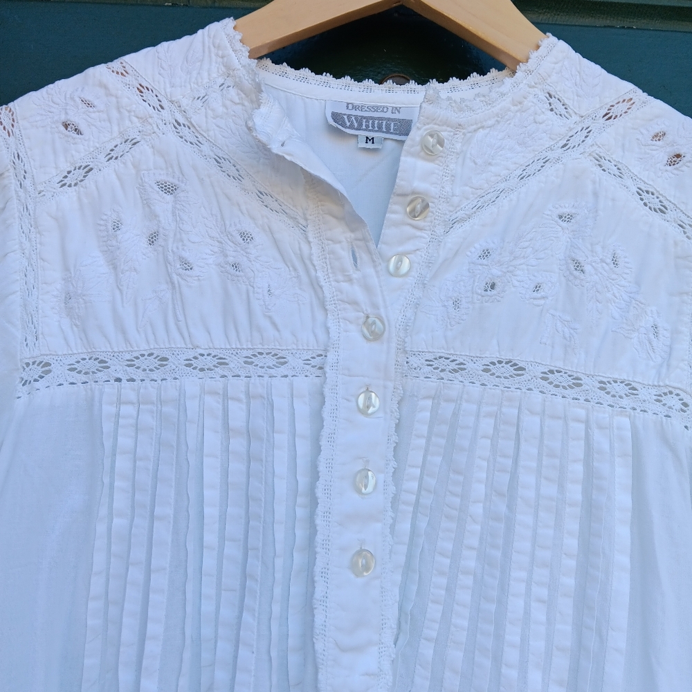 Women's White Cotton Dress With Pintucking and Lace Details